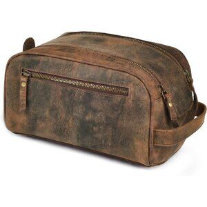 Women's Brown Premium Leather Toiletry Travel Pouch Handbag With Waterproof
